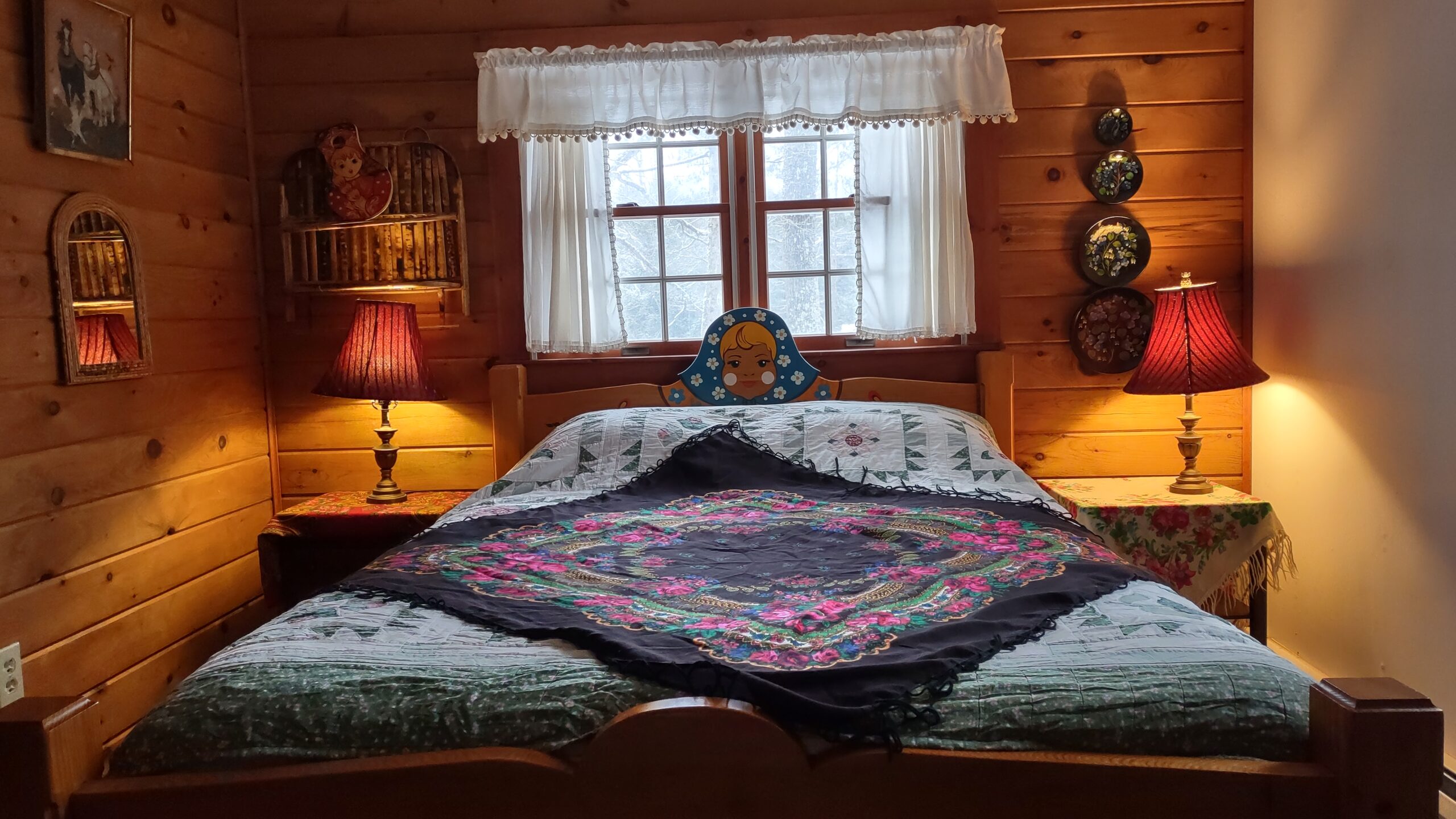Full size bed with hand made russian doll frame